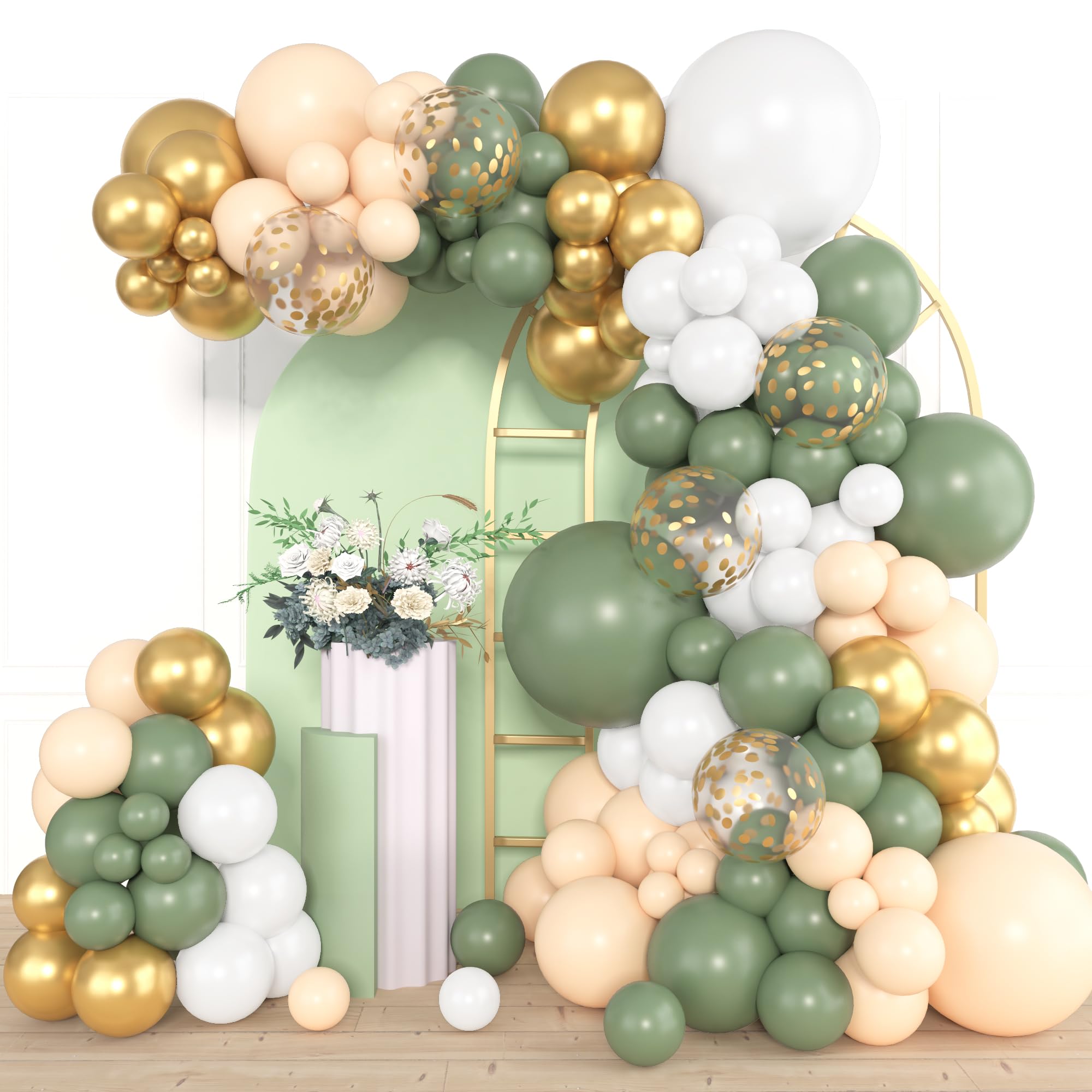 Photo 1 of Amandir 153pcs Sage Green Balloon Garland Arch Kit, Different Sizes 18 12 10 5 inch Green Blush Gold Latex Metallic Confetti Gold Balloons for Birthday Baby Shower Wedding Safari Forest Decorations