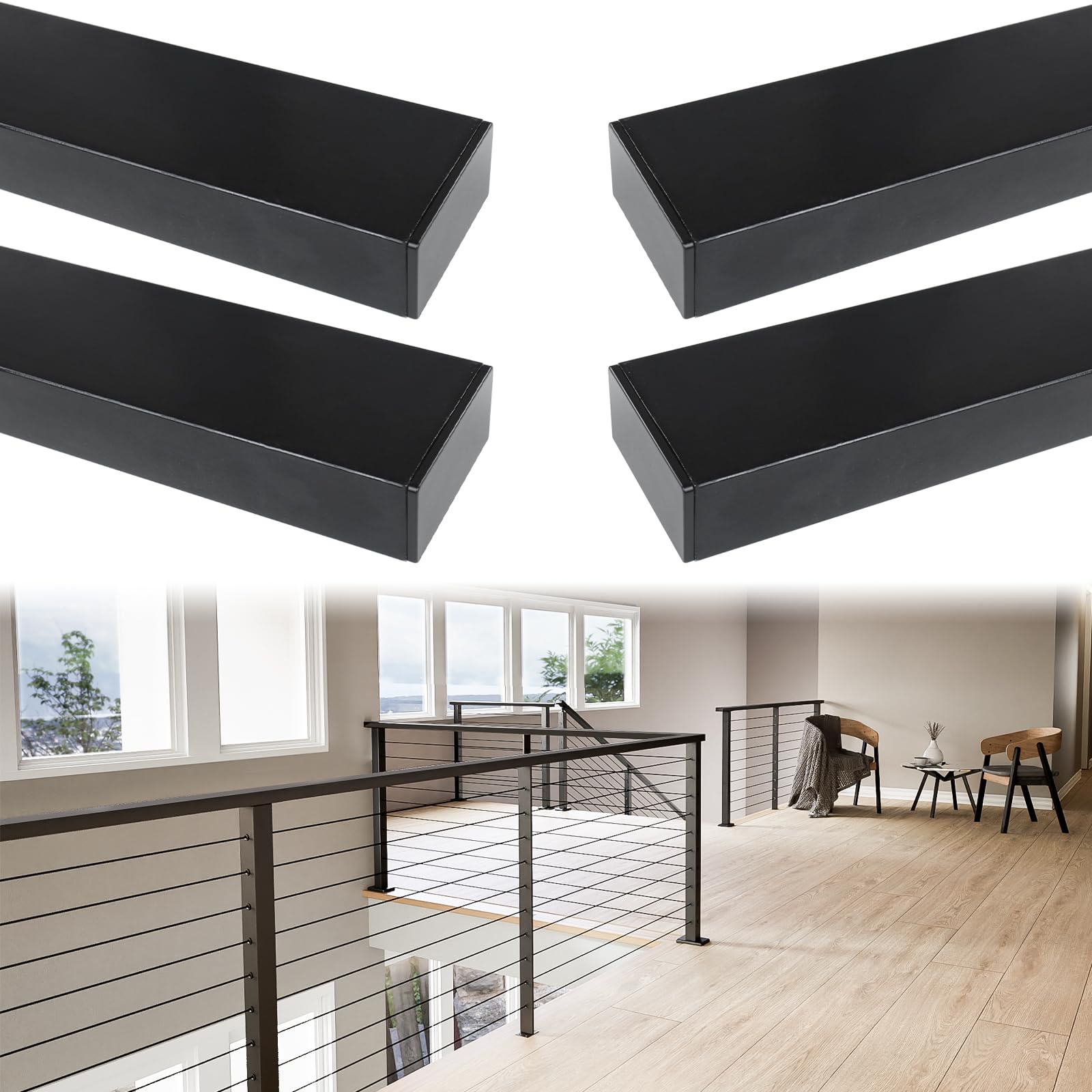 Photo 1 of Muzata 4Pack 4FT Black Cable Railing Handrail Rectangular Stainless Steel Handrail for Cable Railing System Top Rail Deck Stair Indoor Outdoor Length Adjustable with Paper User Guide HT10 BP4