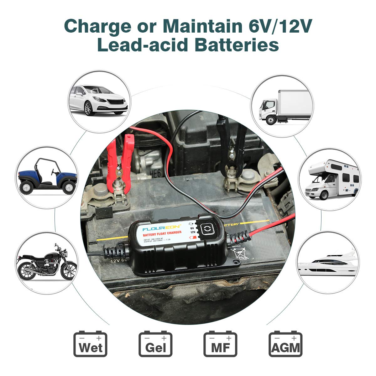FLOUREON 6V/12V 3Amp Automatic Trickle Battery Charger/Maintain Car Charger Maintainer with LED Indicators Auto Trickle Charging for Automotive Vehicles Lawn Mower Boats RV AGM Gel Lead Acid Batteries