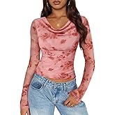 ZESICA Womens Floral Mesh Long Sleeve Tops 2026 Fall Cowl Neck Slim Fit Going Out Y2k Shirts Trendy Date Night Outfits