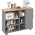 Shintenchi 47”W Kitchen Storage Island Cart with 6 Open Shelves and 1 Cabinet, Portable Trolley Cart with Wood Work Top and Handle/Towel Rack, Gray