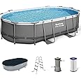 Bestway Power Steel 16' x 10' x 42" Rectangular Metal Frame Above Ground Swimming Pool Set with 1000 GPH Filter Pump, Ladder, and Pool Cover