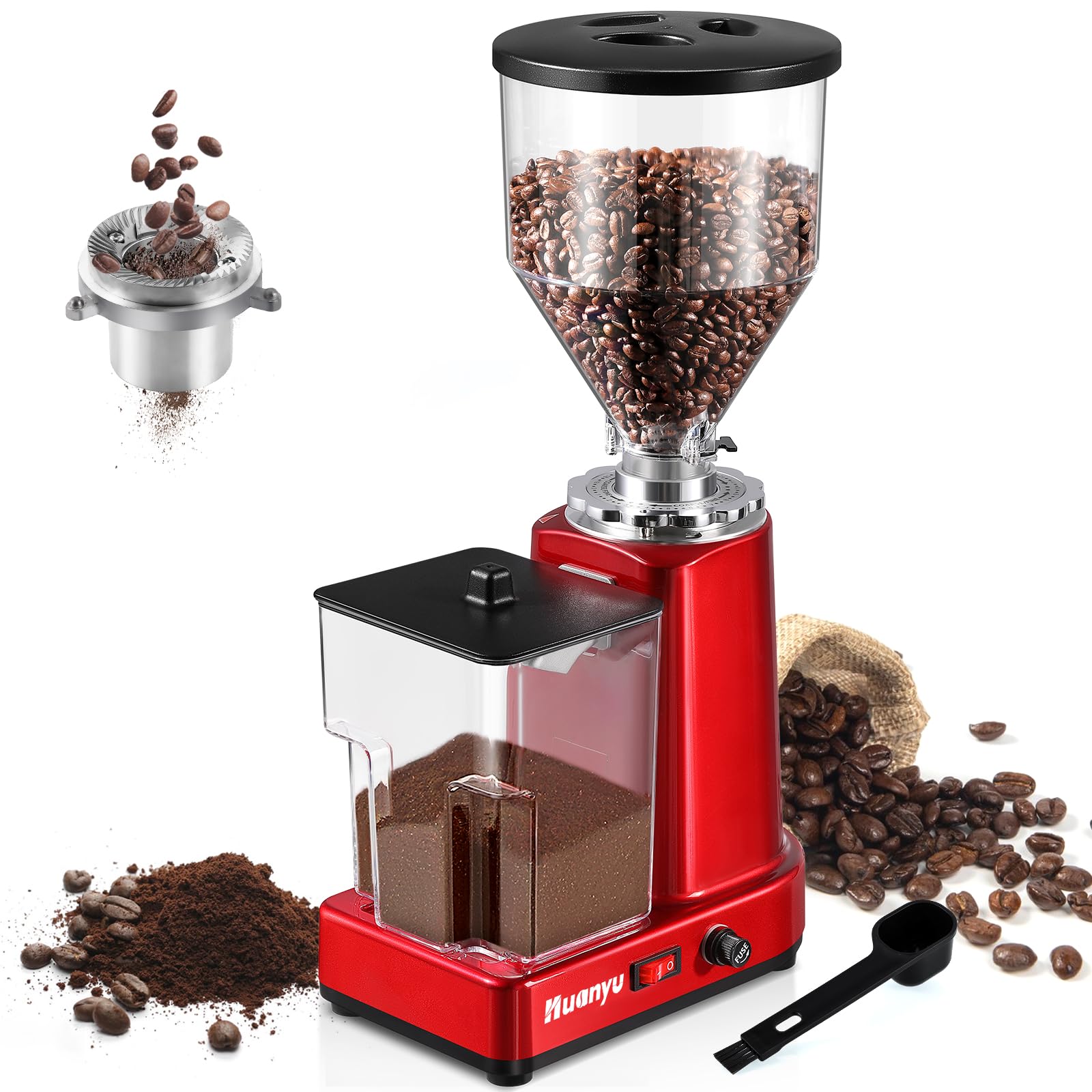 Photo 1 of Huanyu Flat Burr Coffee Grinder with 19 Grinding Settings Bulk Electric Coffee Bean Grinder Adjustable Large Capacity 35oz Red