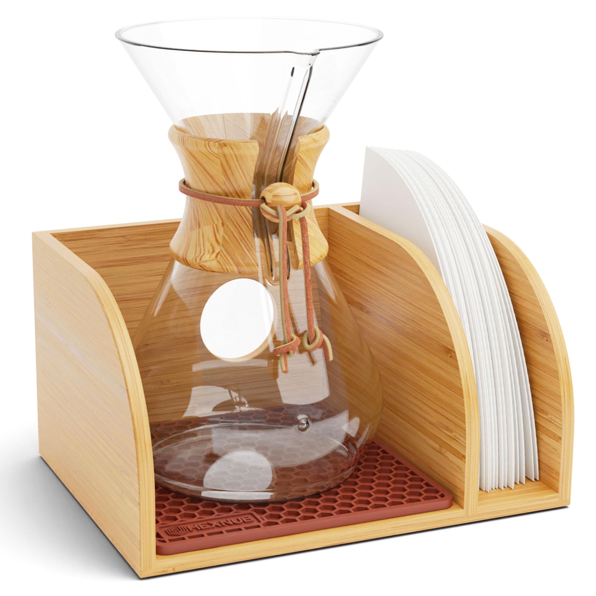 HEXNUB – Caddy for Chemex and Pour Over Coffee Maker, Bamboo Stand with Chemex Filter Holder, Fits Chemex Coffee Maker, Bodum, Cosori, Includes Heatproof Mat - Brown