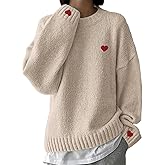 Women’s Heart Embroidery Soft Sweaters Long Sleeve Crew Neck Casual Spring Fall Oversized Knit Pullover Tops