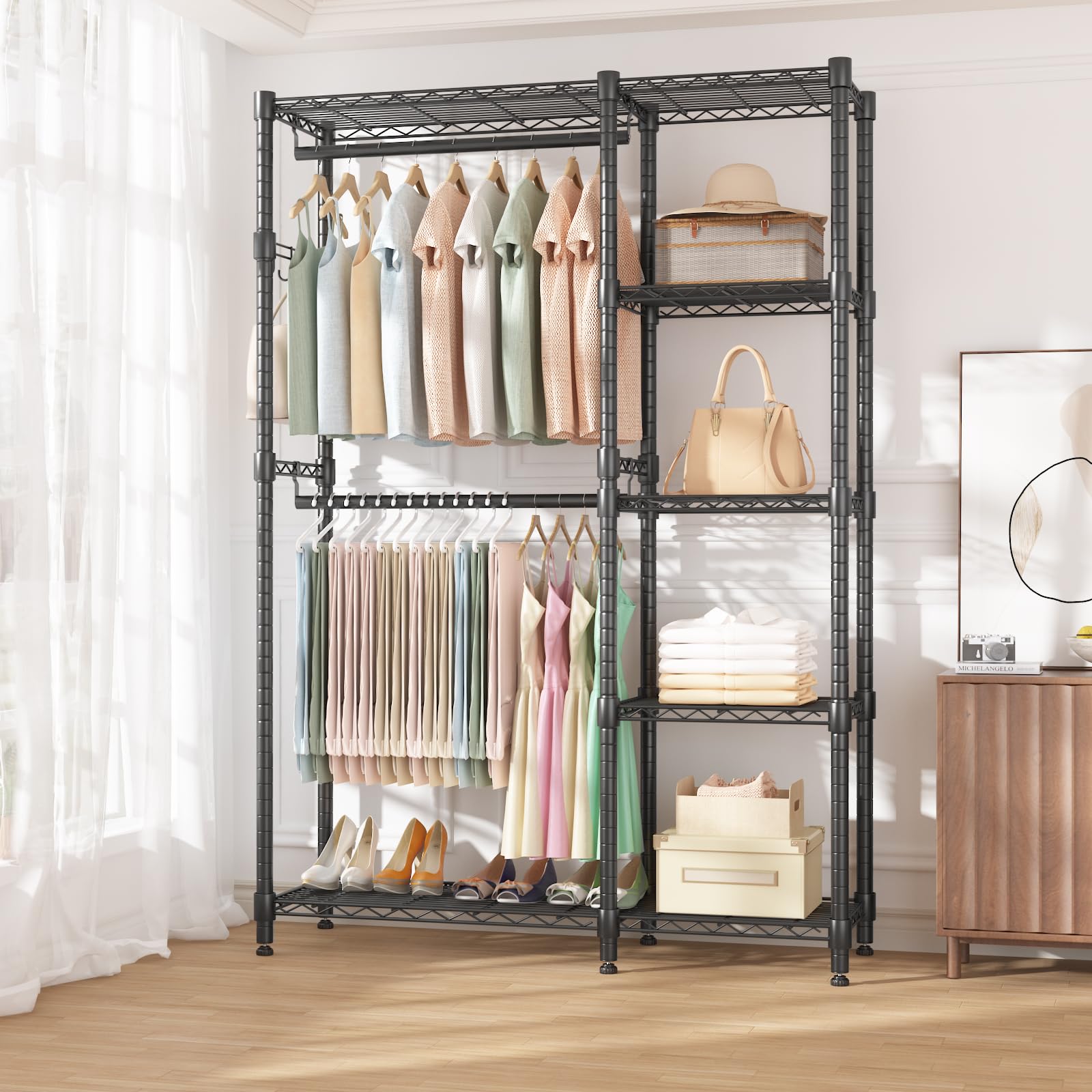 Homdox Heavy Duty Clothes Rack with Double Rods, 5-Tier Freestanding Wardrobe System, Adjustable Metal Clothing Rack with Side Hooks, Portable Closet Organizer for Hanging Clothes, Black