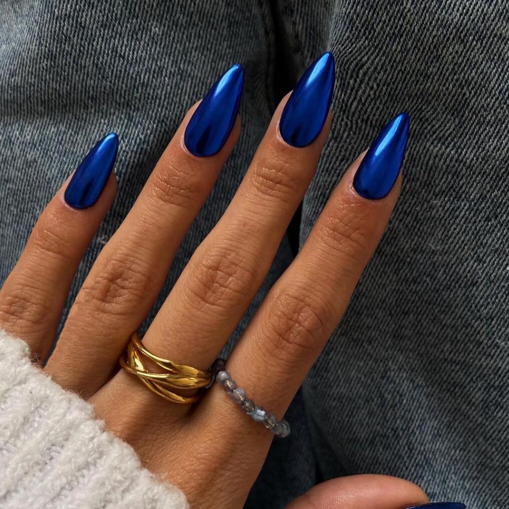 Royal Blue Chrome Press on Nails Medium Almond, KQueenest Mirror Metal Stiletto Fake Acrylic Nails with Bling Design, Dark Color Glue on Nails for Daily Party Wear, False Nails Press ons in24 PCS - Image 3