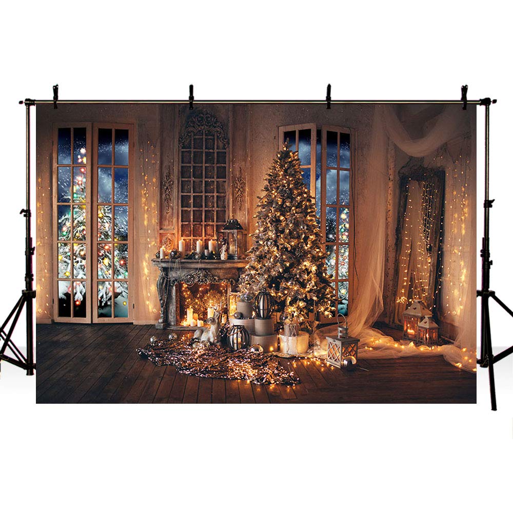 MEHOFOTO 7x5ft Christmas Tree String Lights Backdrops Fireplace Candle Gifts Window Photography Background Rustic Brown Wood Wall Winter Holiday Birthday Party Decoration Props Photo Banner