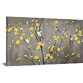 iHAPPYWALL Large Floral Bird Canvas Wall Art Abstract Birds on Flower Tree Branch Yellow and Gray Artwork for Modern Home Bedroom Decor Ready to Hang 20x36inch
