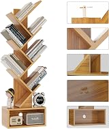 YMYNY 6 Tier Tree Bookshelf Wood Bookcase Storage Rack with Drawer Natural view 7