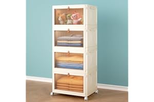 WISE OANNES 4 Tier Stackable Plastic Storage Bins with Lid and Wheels - 23 QT Closet Organizers and Storage, Foldable Storage Containers, Organization and Storage Boxes for Craft, Home, Pantry, Dorm,Yellow