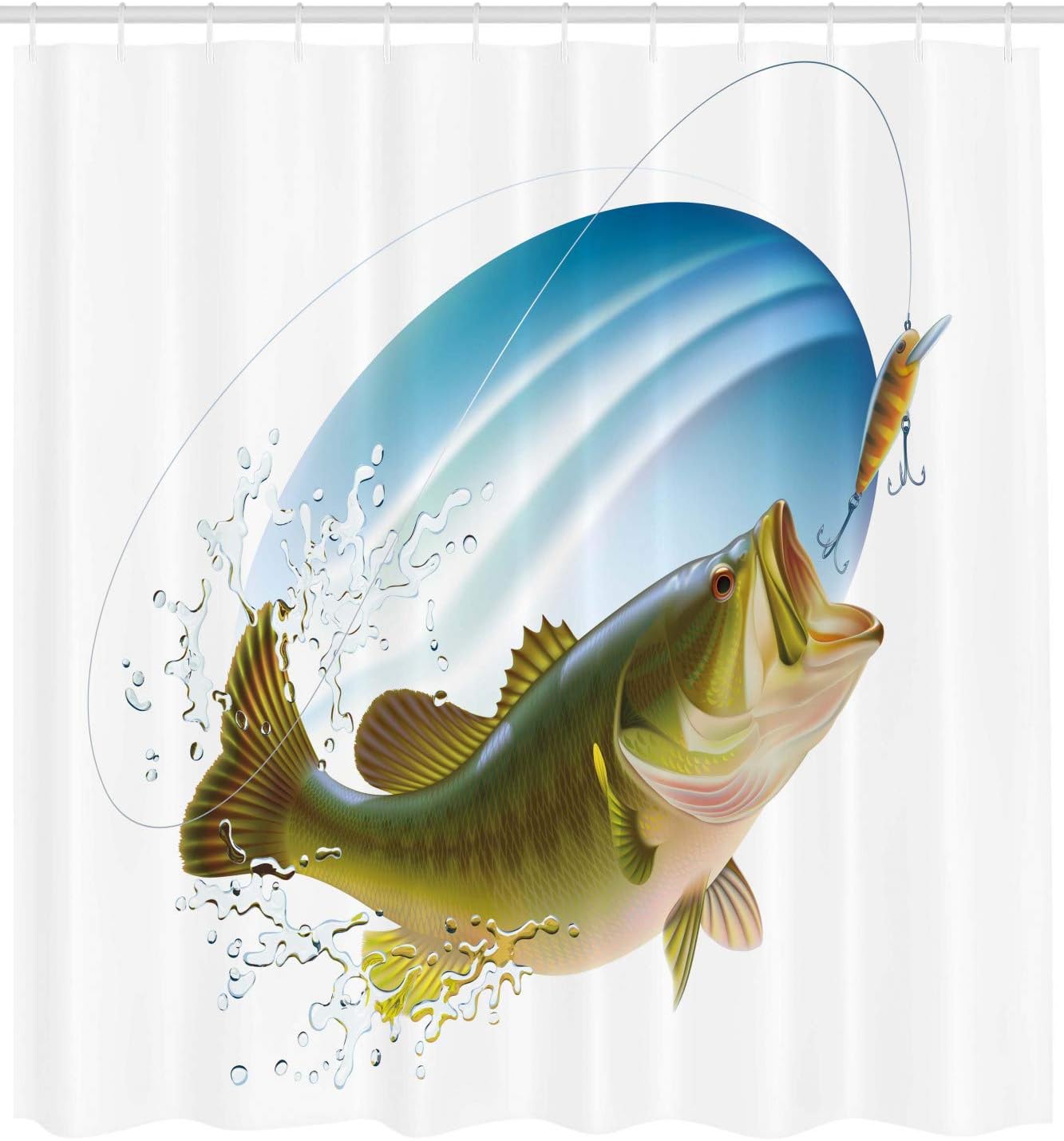 Ambesonne Fishing Shower Curtain, Largemouth Sea Bass Catching a Bite in Water Spray