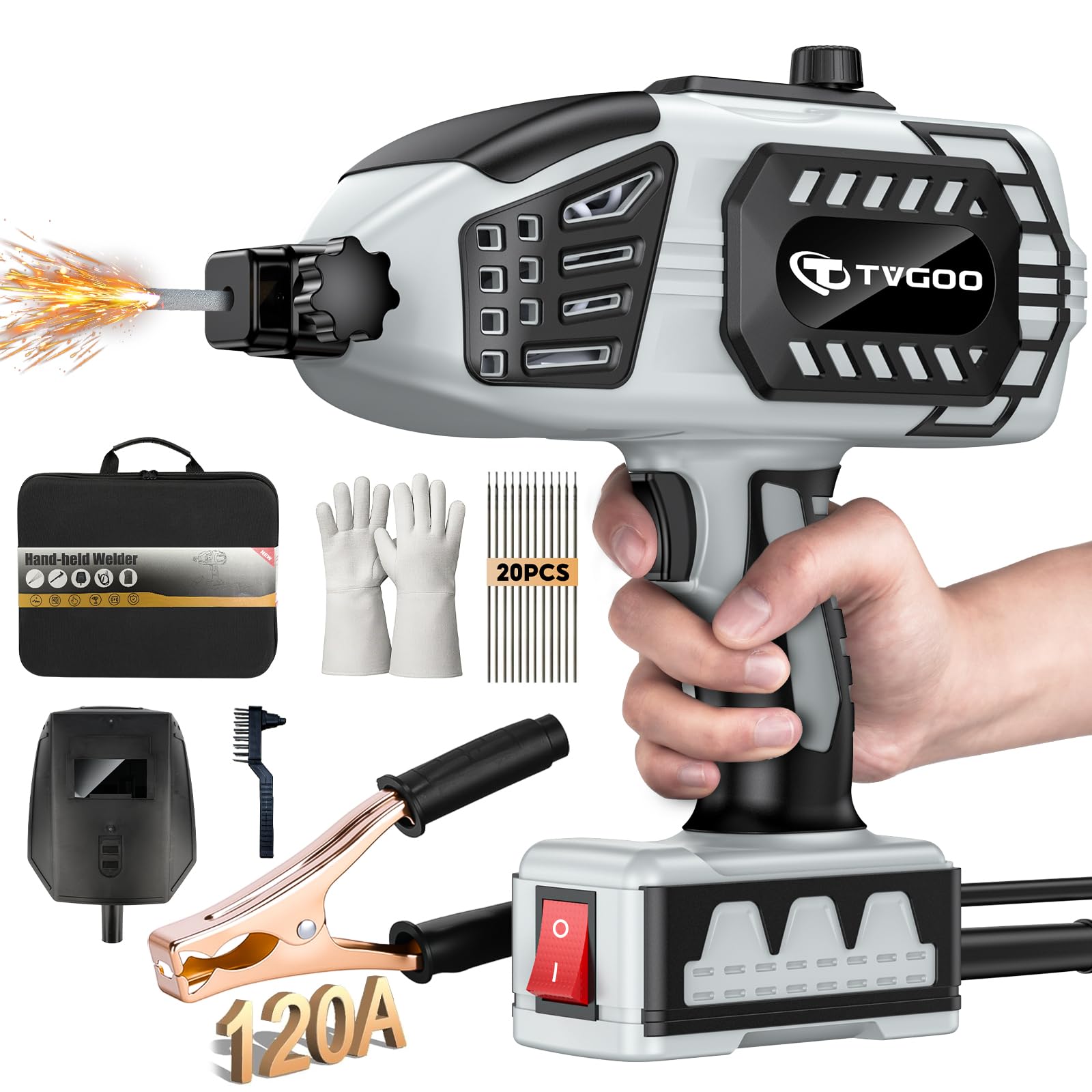 Photo 1 of Tvgoo Portable Handheld Welding Machine - 110V IGBT Inverter Handheld Welder, 20-120A ARC Adjustable Current, Hot Start & Anti-Stick for 3/32"-1/8" Welding Rods(Grey)