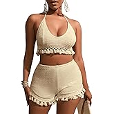 BEAUDRM Women's 2 Piece Outfits Tassel Trim Backless Halter Crop Top and Elastic Waist Shorts Sets