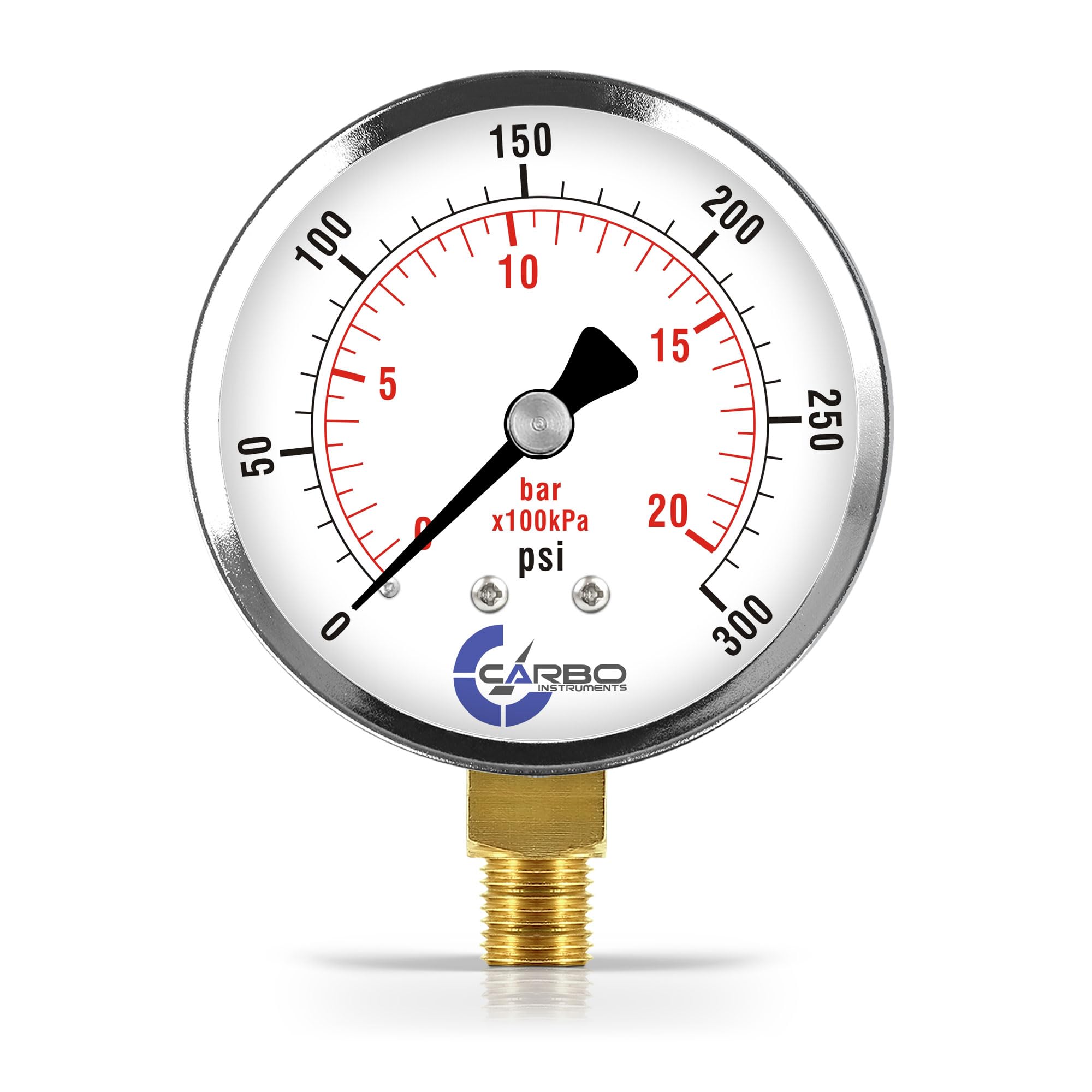 CARBO Instruments 2-1/2" Pressure Gauge, Chrome Plated Steel Case, Dry, 0-300 psi/kPa, Lower Mount 1/4" NPT