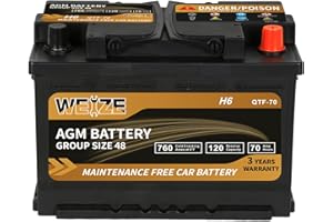 Weize Platinum AGM Battery BCI Group 48-12v 70ah H6 Size 48 Automotive Battery, 120RC, 760CCA, 36 Months Warranty, Dimensions 10.94" L x 6.89" W x 7.48" H