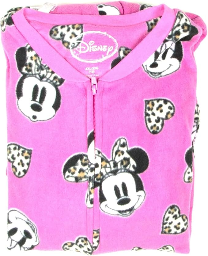Disney Womens Minnie Mouse Footed Pajamas Fleece Pink Leopard (XLarge