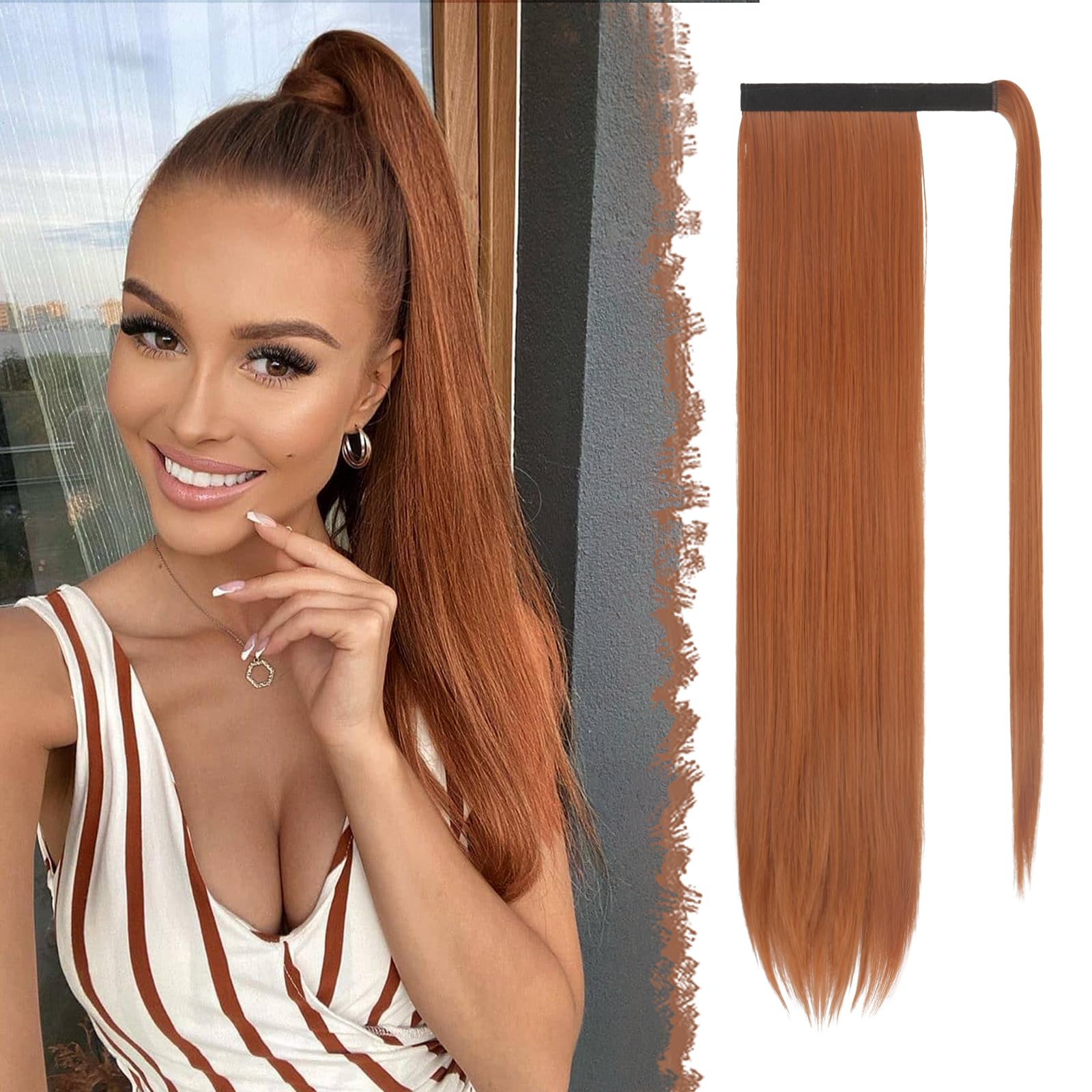 FESHFEN Straight Ponytail Extensions Long Wrap Around Ponytail Synthetic Clip in Pony Tail Hair Extensions Copper Red Hairpiece for Women, 28 inch — image 1
