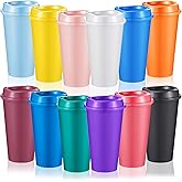 FillTouch 12 Pcs Reusable Coffee Cups with Lids 16 oz Travel Hot Cups Microwavable Plastic Tumblers Coffee Mugs Valentines Party Gifts Adult for Hot and Cold Drinks Favors (Bright Colors)