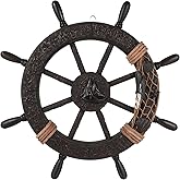 Nautical Wheel Decor Rustic Boat Steering Wheel Fishing Net Wall Sculpture Rudder Hanging Ornament Mediterranean Style Nautical Captain Rudder for Home Beach Theme Decor