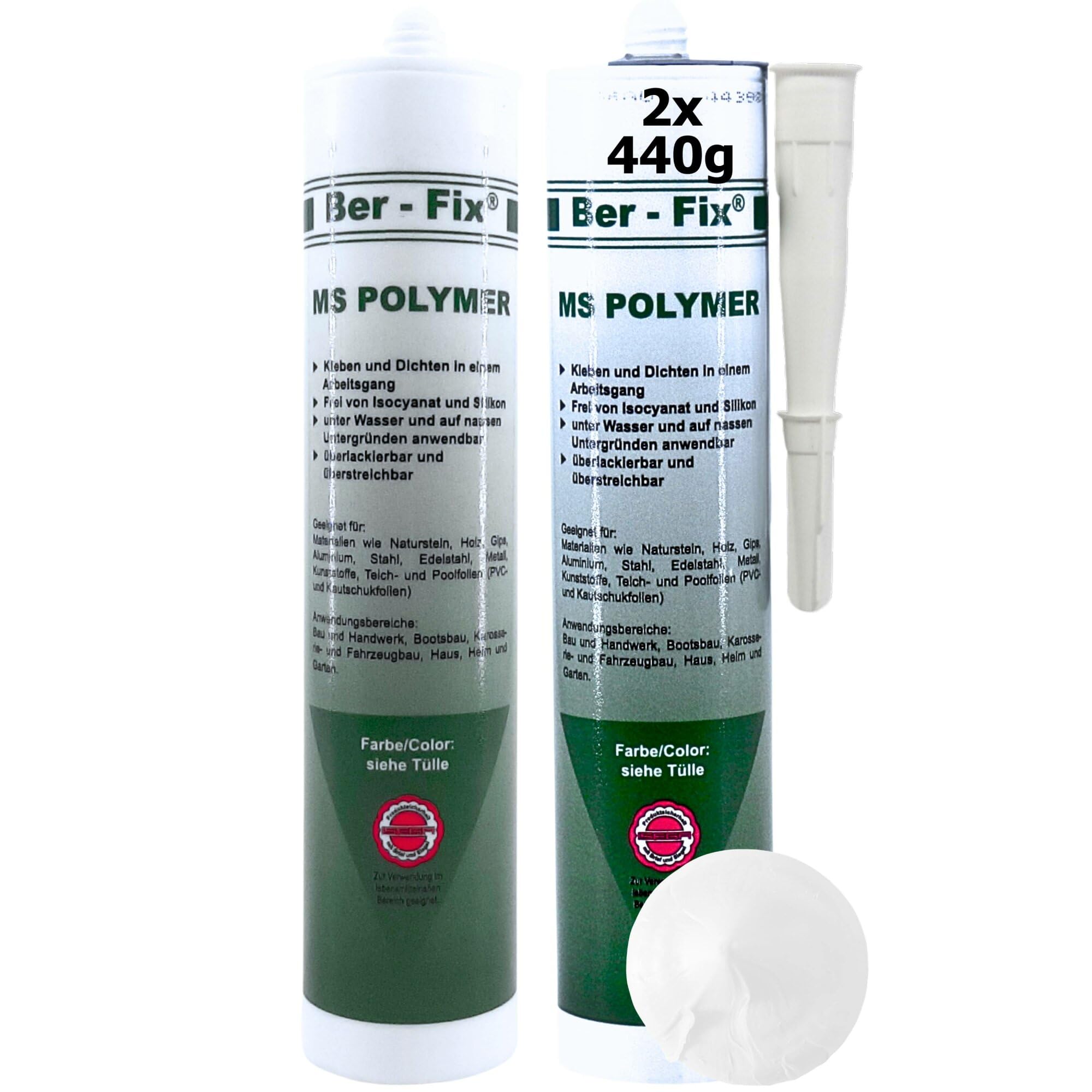 Ber-Fix® 2 x Ms Polymer White Metal Plastic Adhesive Permanently Elastic Adhesive Sealant Waterproof for Outdoor Use Caravan Car Window House Pool Boat