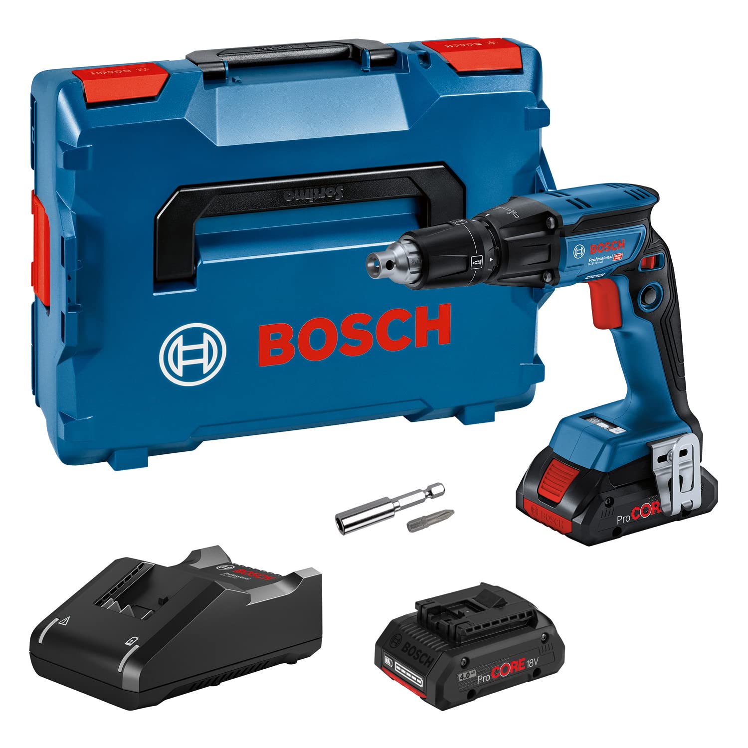 Bosch Professional 18V System Akku Trockenbauschrauber GTB 18V-45 (inkl. 2x Akku 4.0Ah ProCORE18V, Schnellladegerät GAL 18V-40, L-BOXX)