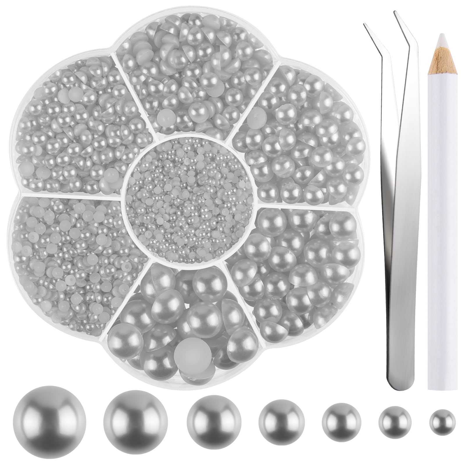 NACHLYNN 6480 Pcs Flat Back Pearl 7 Sizes Silver Flatback Pearl Beads Half Round Pearls for Crafts Embellishment Shoes Clothes Bags DIY Making