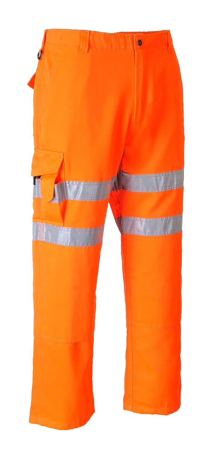Portwest RT46 Hi Vis Rail Work Trousers Poly Cotton Water Resistant Texpel Multi Pocket Knee Pad Compatible Reflective Safety Pants Orange EN ISO 20471 RIS 3279-TOM