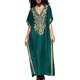 ZSWDXX Women V Neck Embroidery Kaftan Dress Loose Casual Beach Cover Up Long Caftans Maxi Dresses