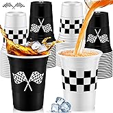 Teenyyou 24 Pcs Checkered Flag Party Supplies Bulk Checkered Plastic 16 oz Race Car Cups Black and White Thick Cup for Racing Sports Themed Birthday Party Decorations