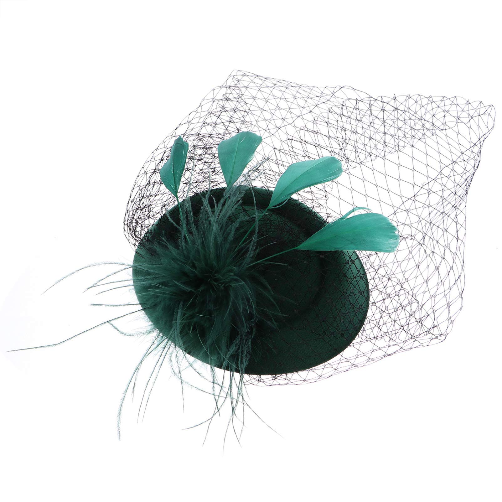FRCOLOR Fascinator Hats Feather Derby Tea Party Hat Mini Pillbox Hat with Veil Headband Church Headwear for Cocktail Wedding Bridal Women Girls Green