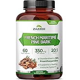 Zazzee Extra Strength French Maritime Pine Bark Extract 20:1, 350 mg Per Capsule, 95% Proanthocyanidins, 60 Vegan Capsules, 2 Month Supply, Certified Kosher, Antioxidant Support, Non-GMO, Made in USA