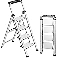 XinSunho 4 Step Ladder, Retractable Handgrip Folding Step Stool with Anti-Slip Wide Pedal, Aluminum Stool Ladders 4 Steps, 330lbs Safety Household Ladder