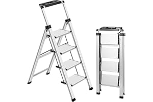 XinSunho 4 Step Ladder, Retractable Handgrip Folding Step Stool with Anti-Slip Wide Pedal, Aluminum Stool Ladders 4 Steps, 330lbs Safety Household Ladder