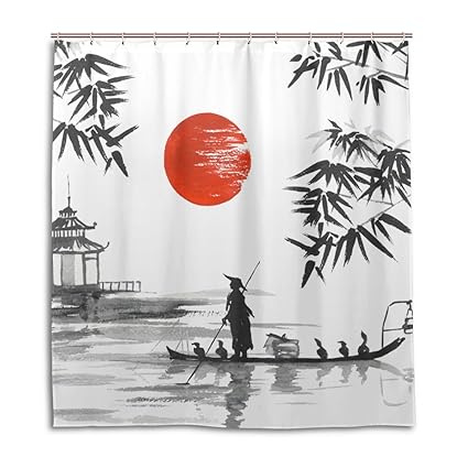 Jstel Decor Shower Curtain Japanese Painting Man With Boat Pattern