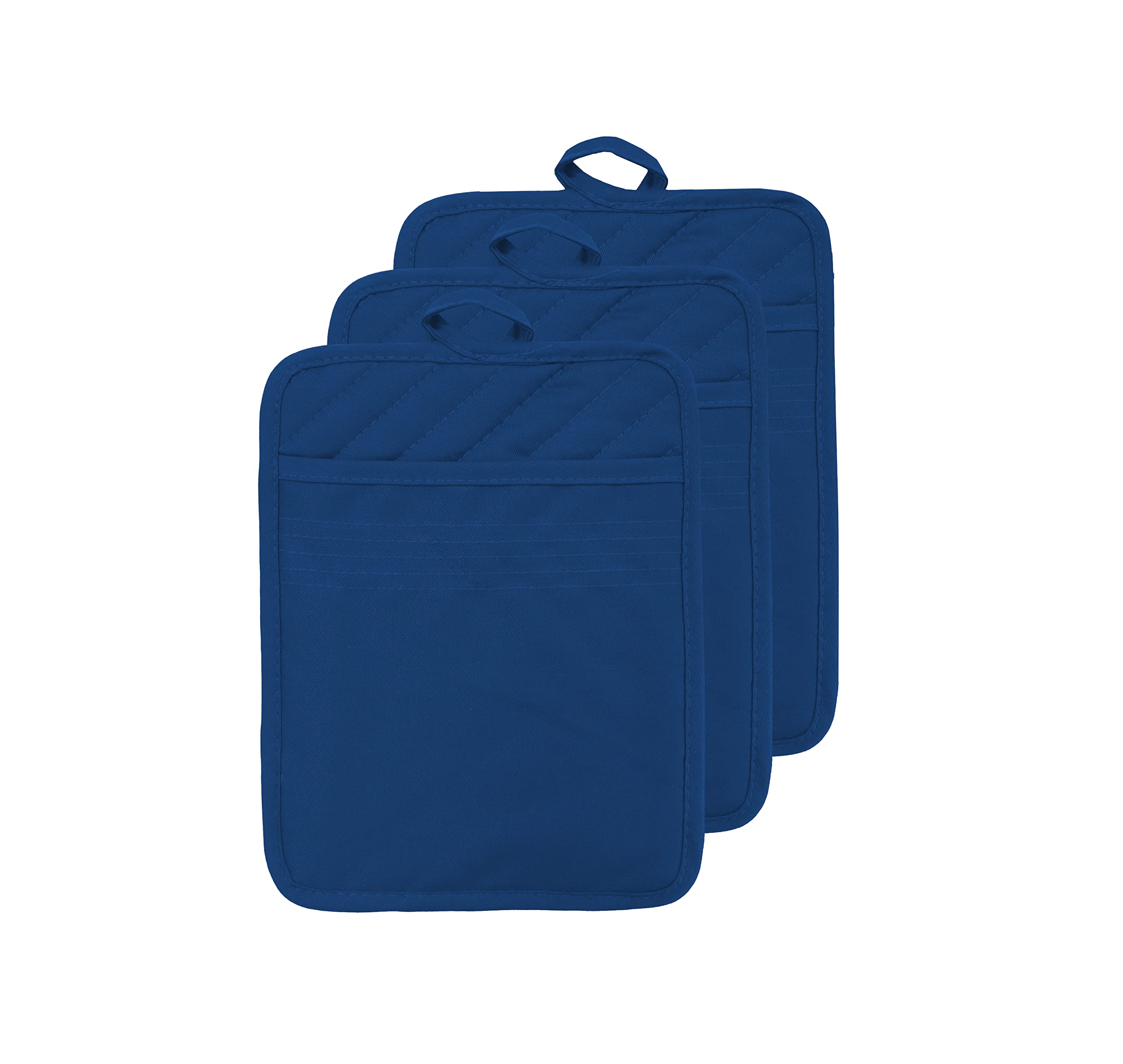 VEIKERY Cotton Pocket Pot Holders Machine Washable Heat Resistant Hot Pads for Kitchen Square Blue Oven Mitts 7"x9" Set of 3