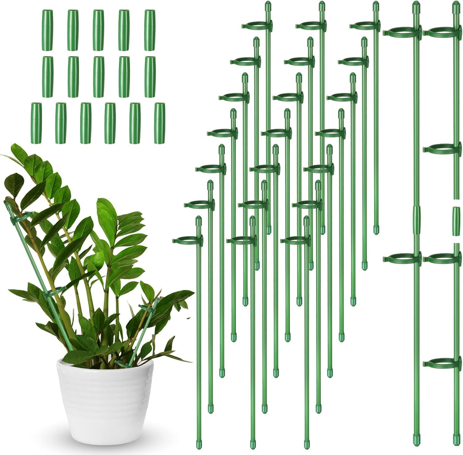 KAHEIGN 30Pcs Adjustable Plant Support Stakes, 30CM Extensible Garden Single Stem Support Stake Plant Cage Support Rings with 60Pcs Plant Clips and 15Pcs Connect Pipes for Orchid Rose Tomato Plants