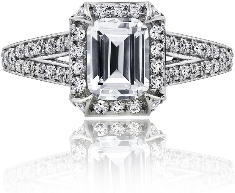 Diamonbliss Sterling Silver Cubic Zirconia Emerald Cut Halo Ring with Split Shank