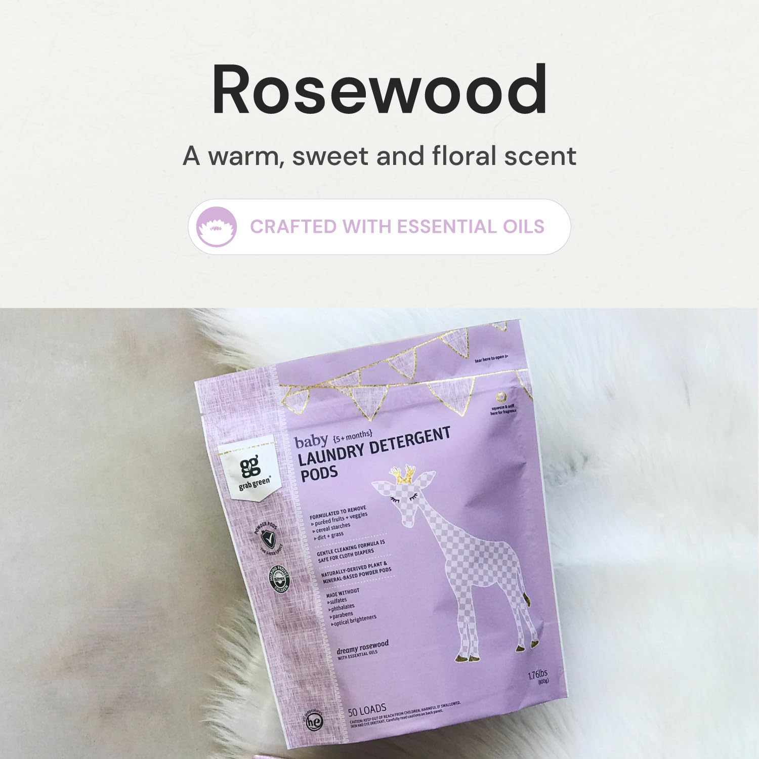 Grab Green Baby Laundry Detergent Pods, 50 Count, Dreamy Rosewood, Plant and Mineral Based, Formulated to Tackle Growing Baby (5 Months and Older) Laundry Stains