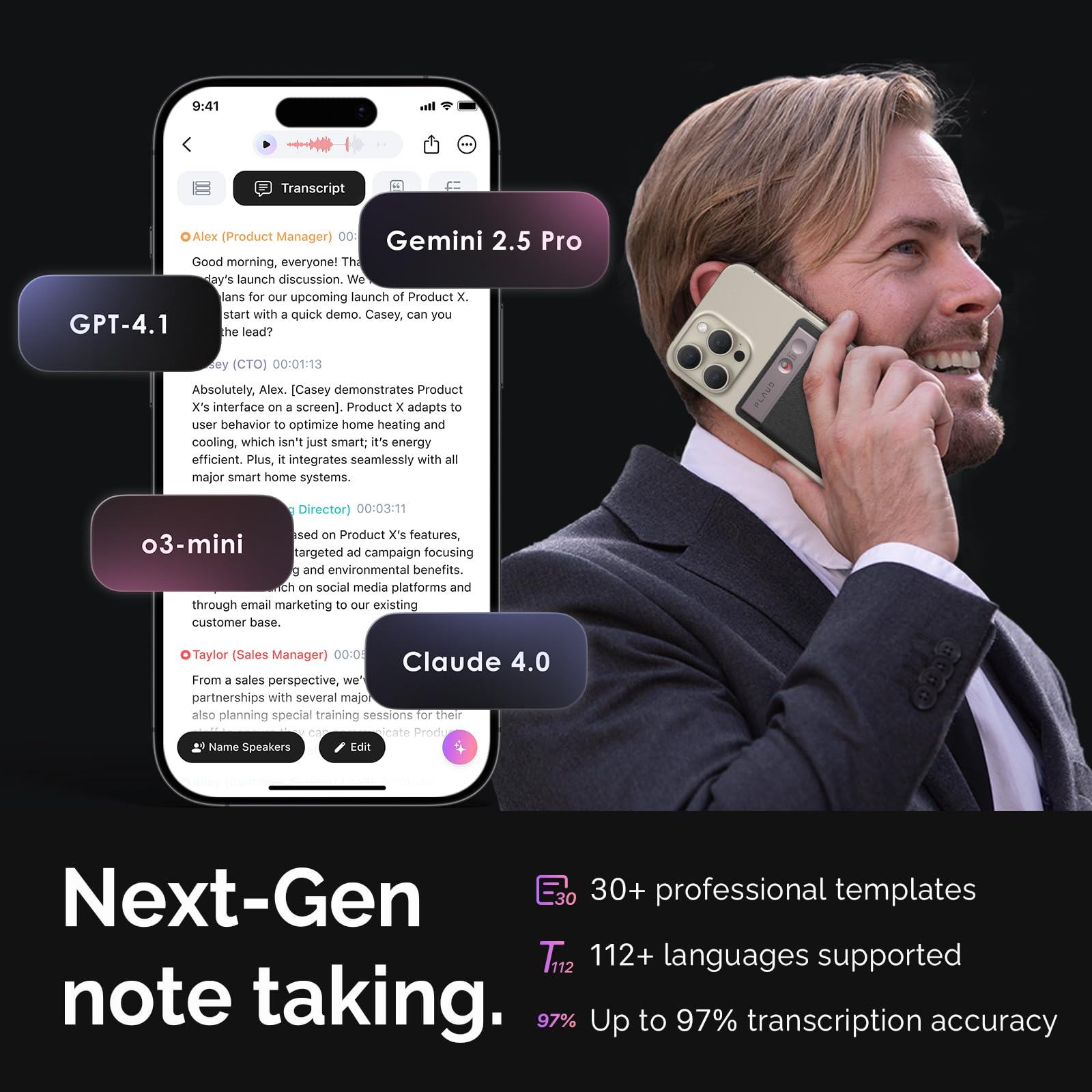 Plaud AI Voice Recorder, Note Voice Recorder w/Case, App Control, Transcribe & Summarize with AI Technology, Support 112 Languages, 64GB Memory, Audio Recorder for Lecture, Meeting, Call, Interview