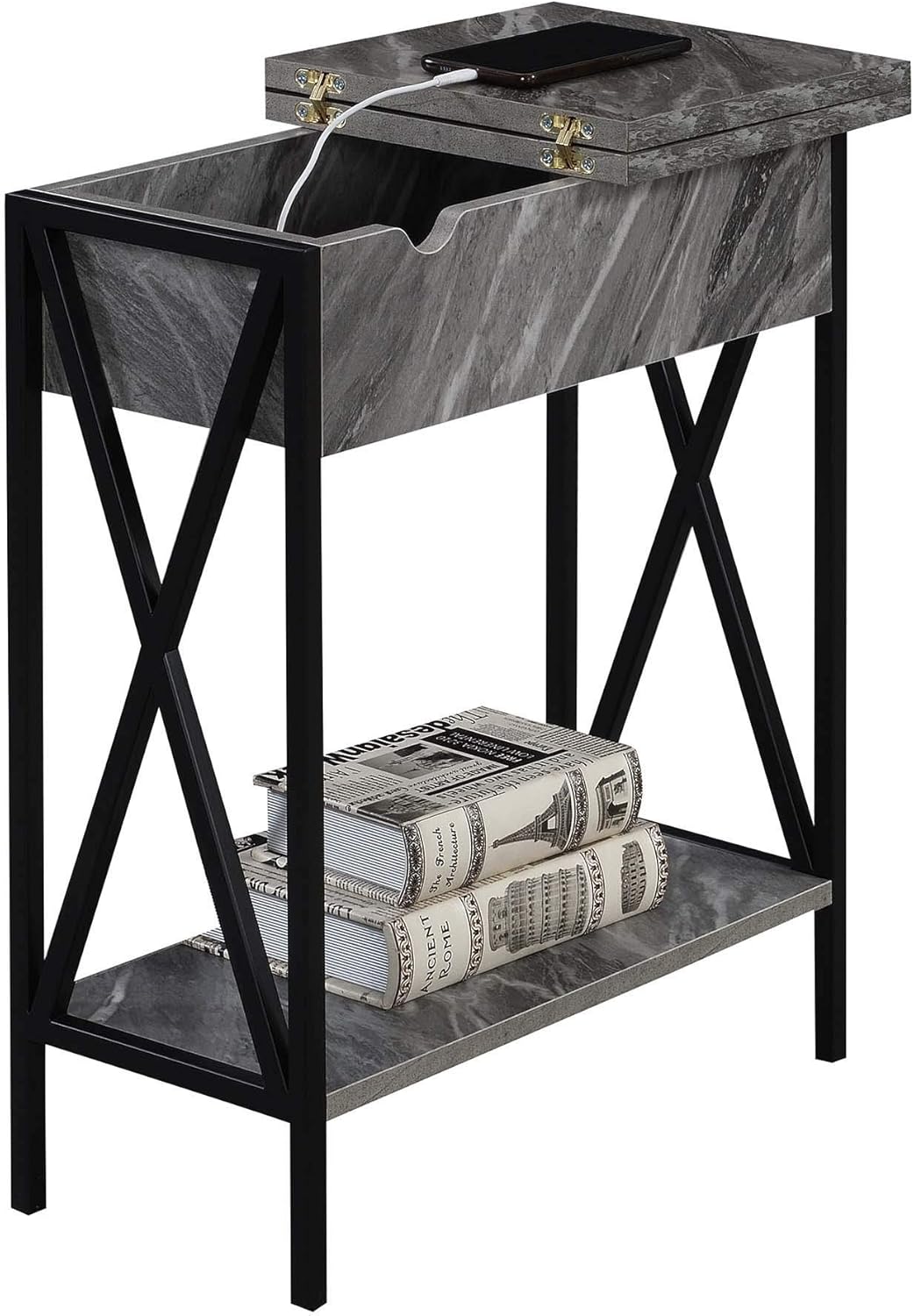 Convenience Concepts Tucson Flip Top End Table with Charging Station, Weathered Gray: Furniture & Decor