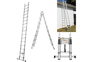 ANSIMIDA Telescoping Ladder 16.5FT, A-Frame Aluminum Extension Ladders with Stabilizer Bar, Portable Multi-Purpose Collapsible Ladder for Roof Ceiling Household Use