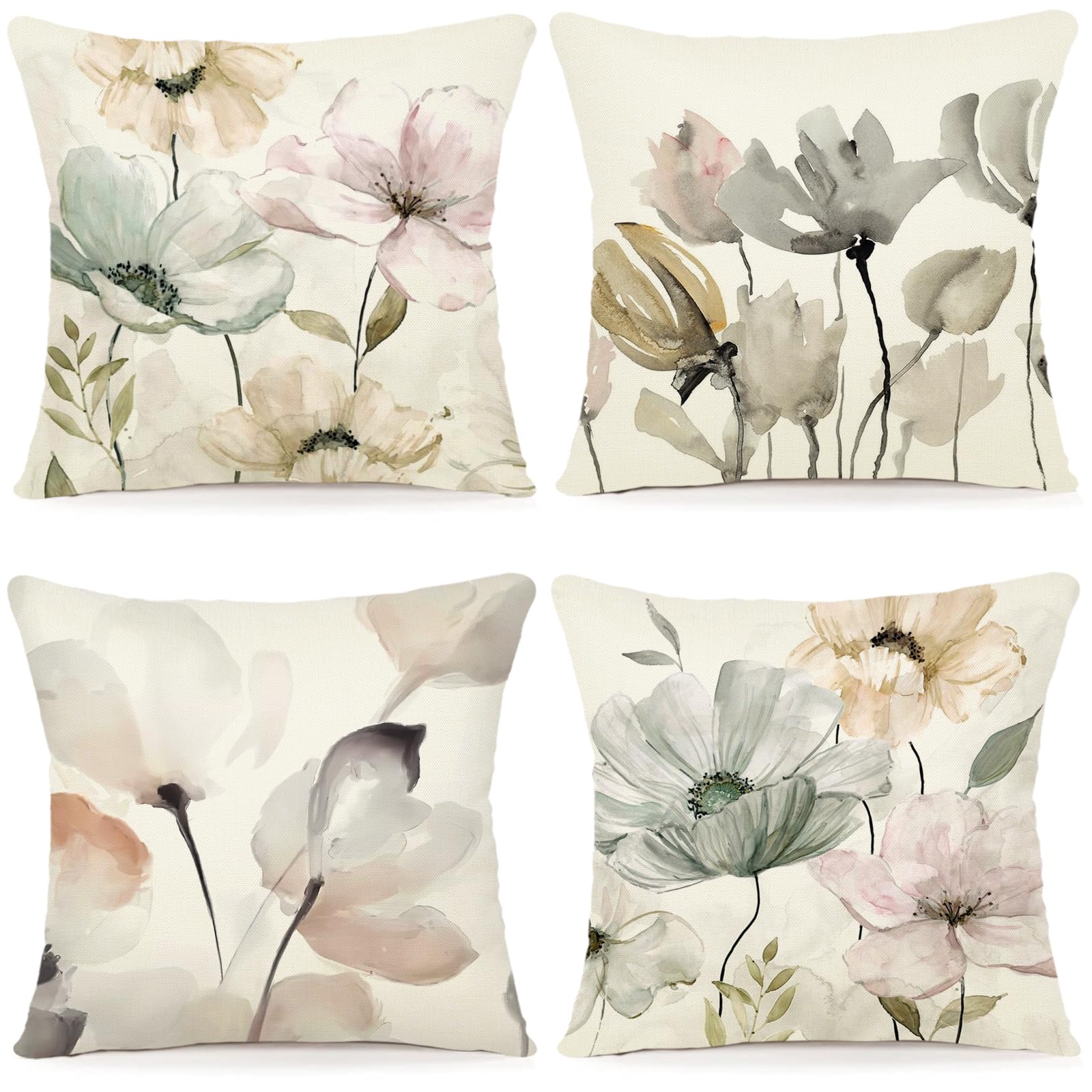 ZWJD Decorative Linen Cushion Cover 60x60 Set of 4 Floral Watercolor Painting Cushion Covers for Sofa Bedroom Sofa Outdoor Cushion 60x60 A246-24 — image 1