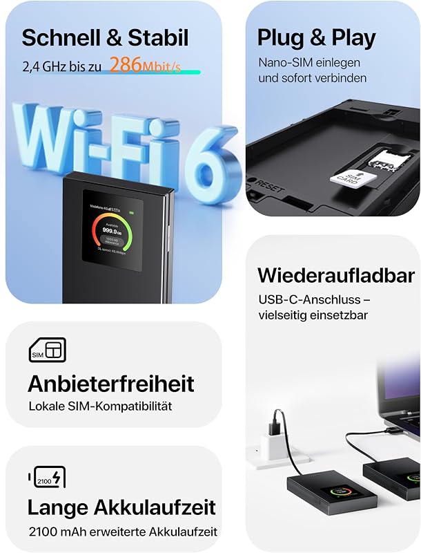 MF6 Mobiler 4G LTE WLAN Router, Farb-LCD, WiFi 6 Tragbarer Hotspot