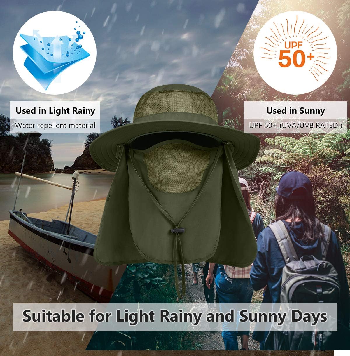 LCZTN UPF 50+ Sun Protection Cap Wide Brim Fishing Hat with Face & Neck Flap Army Green : Clothing