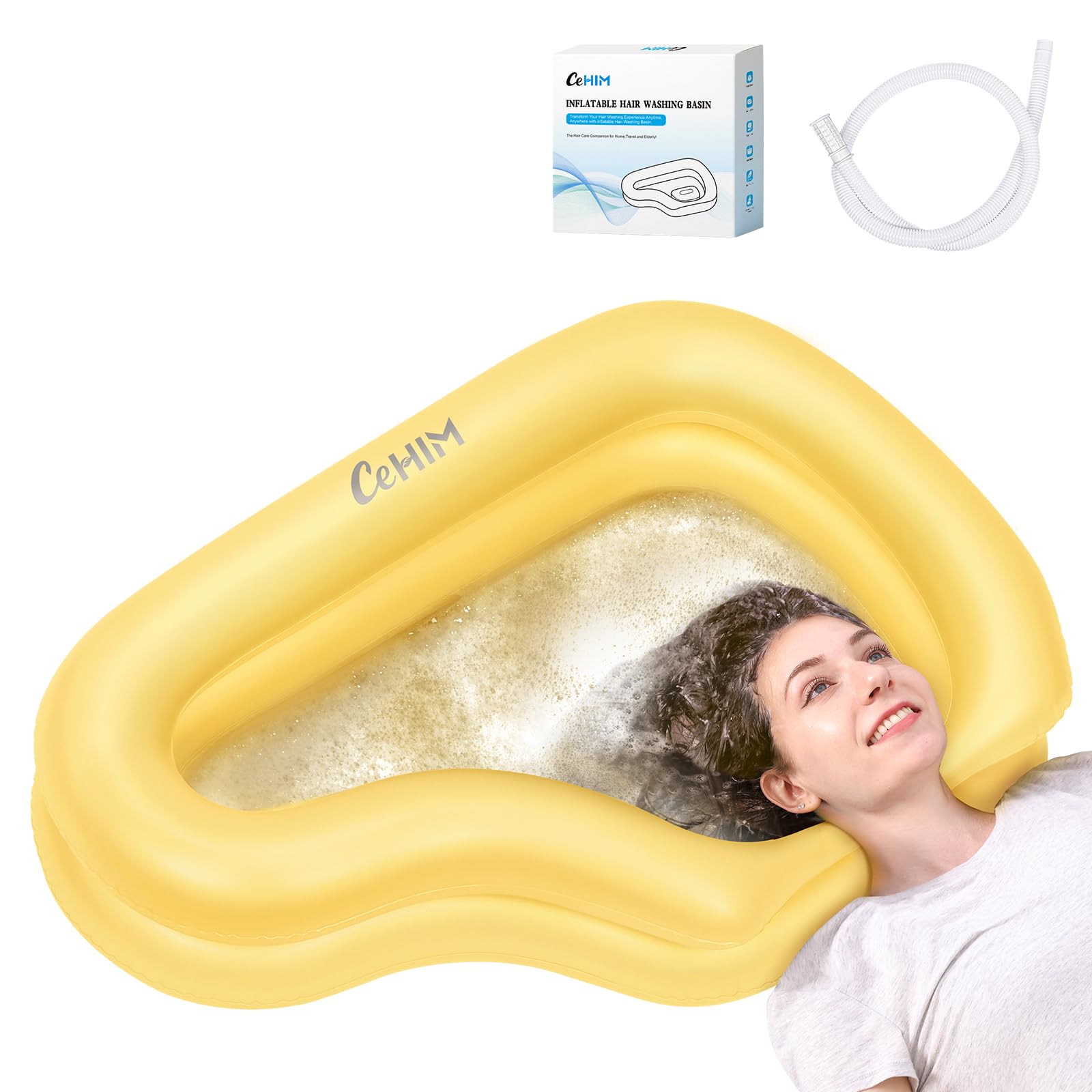 Photo 1 of ?Portable Inflatable Shampoo Basin for Bedridden & Elderly - Zero Pooling Design | Fast-Drain Slope & Neck Support | Portable Hair Wash Bowl, Drain Hose | Hospital PVC | Home Use (Yellow, Large)