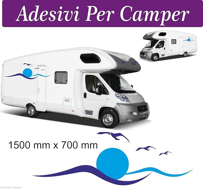 Sardegna Serviceset Aufkleber für Wohnmobil, Wohnmobil, Wellen, Möwen, 2 Stück 150 x 40 cm, Zubehör/Aufkleber
