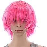 SWACC Unisex Fashion Spiky Layered Short Anime Cosplay Wig for Men and Women (Hot Pink)