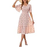 YIYIHAOSHUNV Women's Casual Dresses Boho Floral Midi Dress Smocked Short Sleeve Babydoll Sundress with Pockets 2026 Summer