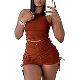 Qusuny 2 Piece Outfits for Women Summer Workout Crop Top Tank Bodycon Ribbed Sweatsuits Tracksuits Casual Shorts Set Romper